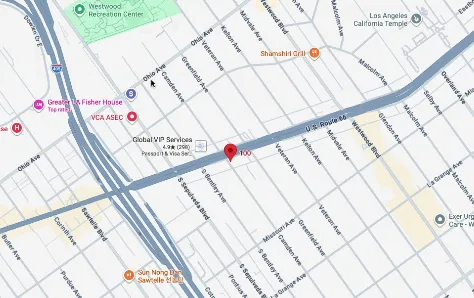 Map of Global VIP Services at 11022 Santa Monica Blvd, on the Service Road opposite the Porsche dealership